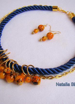 Колье и серьги: синий и желтый