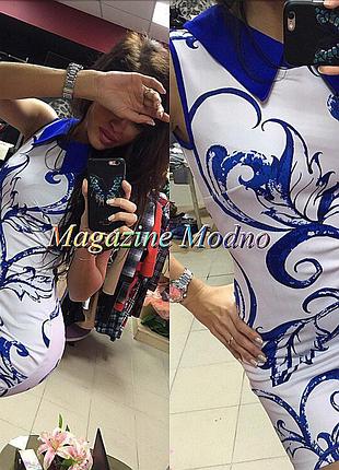 Платье белое с синим узором