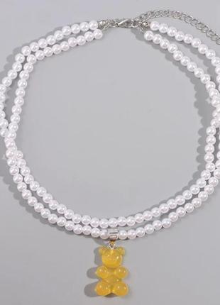 Ожерелье с мармеладным мишкой оранжевого цвета - длина 37см, размер мишки 3*2см