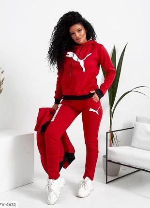 Теплий спортивний костюм жіночий пума трійка червоного кольору | 3 кольори