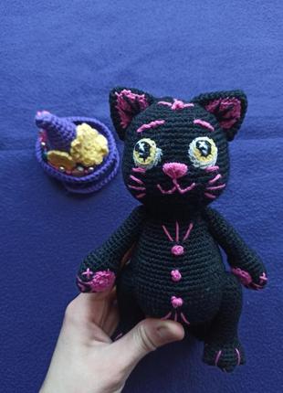 Чорний кіт в'язана іграшка м'яка1 фото