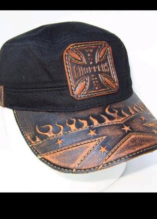 Байкерская кепка немка harley davidson летняя натуральная кожа и хлопок