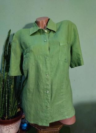Комфортна сорочка з стовідсоткового льону зеленого кольору в стилі мілітарі