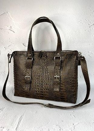 Сумка женская большая натуральная кожа коричневая под крокодила 1714