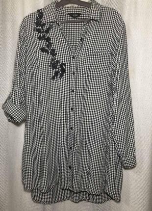 Женская штапельная вискозная блуза, натуральная блузка, платье- рубашка в клетку с вышивкой. штапель1 фото