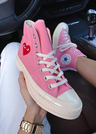 Converse comme des garçons pink женские розовые высокие кеды с сердечком конверс трендовая модель рожеві брендові високі жіночі кеди весна літо2 фото