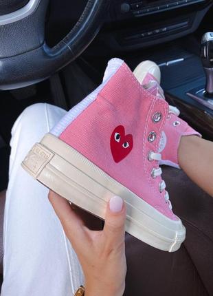 Converse comme des garçons pink женские розовые высокие кеды с сердечком конверс трендовая модель рожеві брендові високі жіночі кеди весна літо3 фото