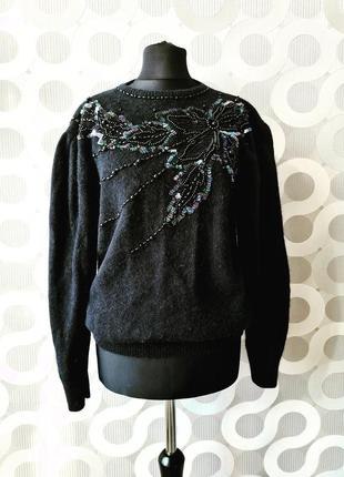 Теплый мягкий ангоровый винтажный свитер пуловер джемпер винтаж ретро ангора пайетки вышивка