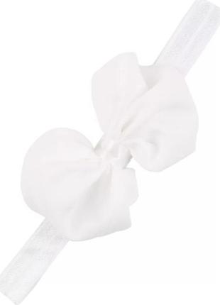 Детская белая повязка с шифоновым бантом - на резинке, окружнсть головы 34-50см, бант 10см