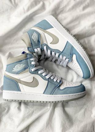 Nike air jordan 1 high hyper royal брендовые женские высокие голубые серые кроссовки найк джордан жіночі високі трендові кросівки блакитні сірі