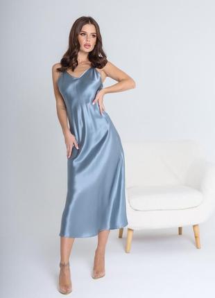 Шелковое платье комбинация на бретелях миди, серый дельфин. натуральный 100% шелк.