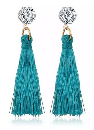 Вечірні сережки пензлика короткі бірюзові з камінчиком сережки