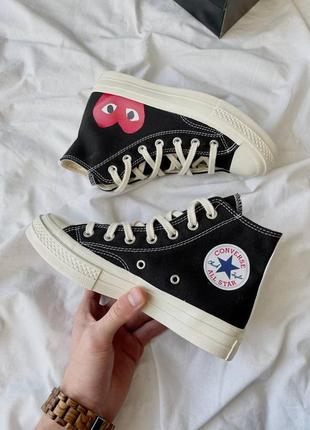 Comme des garçons play x converse high женские брендовые черные высокие кеды конверсы с сердечком трендовая модель чорні високі кеди2 фото