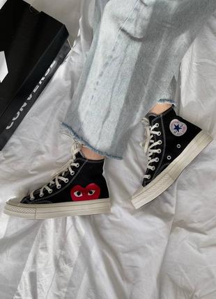 Comme des garçons play x converse high женские брендовые черные высокие кеды конверсы с сердечком трендовая модель чорні високі кеди9 фото