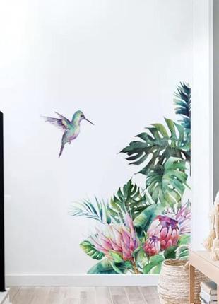 Силиконовая наклейка "колибри и цветы" , декор для дома, наклейка на окна, размер наклейки 90*30см3 фото