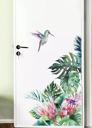Силиконовая наклейка "колибри и цветы" , декор для дома, наклейка на окна, размер наклейки 90*30см6 фото