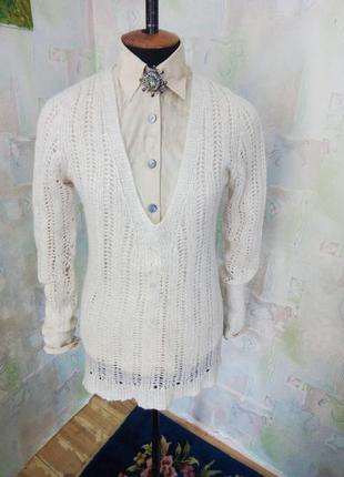 Тонкий білий в'язаний легкий светр в дірки,мохер,вовна,туніка.