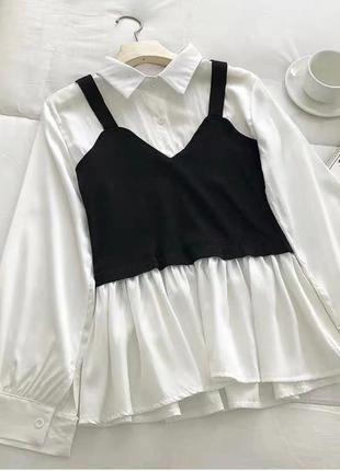 Блуза ткань - софт + трикотаж алекс
цвет белый с чёрным 
блуза с имитацией чёрного жилета