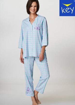 Женская пижама (рубашка и брюки) key из вискозы, голубой в клетку - s m l xl1 фото
