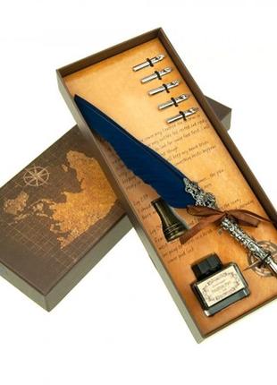 Вінтажний подарунковий набір для каліграфії ручка ажурна пір'яна з синім пером1 фото