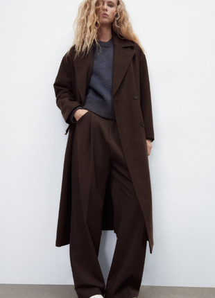 Двубортное длинное свободное  пальто из смесовой шерсти  шоколадного цвета zara1 фото