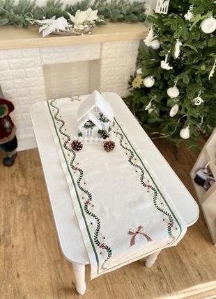 Доріжка на стіл новорічна льон з вишивкою 40x134 див.