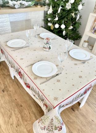 Скатертину на стіл новорічна "гостинці санти" 137 х 137 див., гобеленова, золотий люрекс2 фото