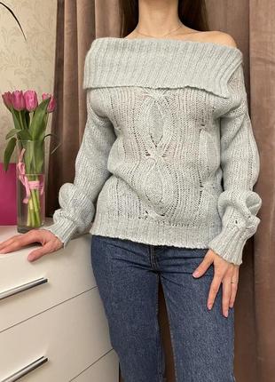 Тёплый свитер, свитер с открытыми плечами, вязаный свитер3 фото