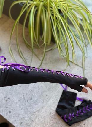 Атласні рукавички шнурівка ( фіолет) , мітенки , без пальців3 фото