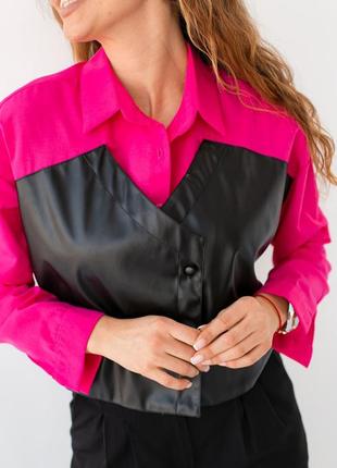 Женская рубашка с вставкой из экокожи2 фото