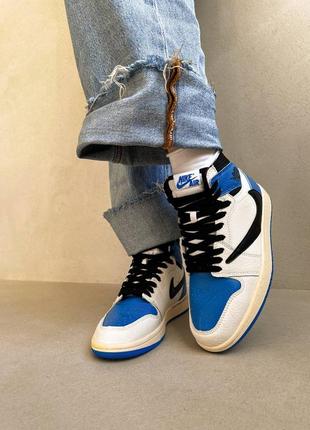 Nike jordan 1 retro x travis scott blue брендовые высокие голубые кроссовки найк джордан тренд весна осень новинка жіночі блакитні білі кросівки3 фото