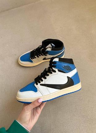 Nike jordan 1 retro x travis scott blue брендовые высокие голубые кроссовки найк джордан тренд весна осень новинка жіночі блакитні білі кросівки6 фото