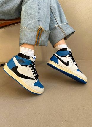 Nike jordan 1 retro x travis scott blue брендовые высокие голубые кроссовки найк джордан тренд весна осень новинка жіночі блакитні білі кросівки4 фото