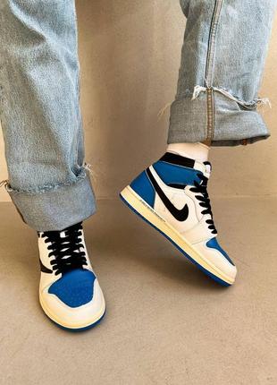 Nike jordan 1 retro x travis scott blue брендовые высокие голубые кроссовки найк джордан тренд весна осень новинка жіночі блакитні білі кросівки10 фото