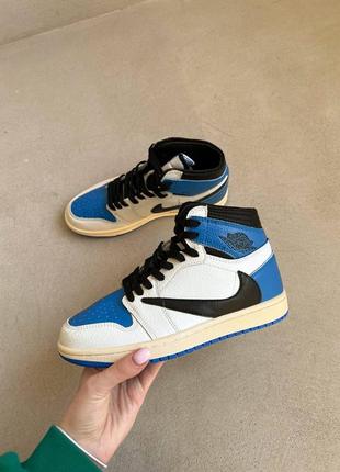 Nike jordan 1 retro x travis scott blue брендовые унисекс высокие голубые кроссовки найк джордан тренд весна осень новинка блакитні білі кросівки