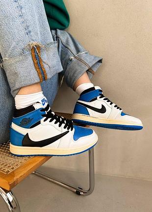 Nike jordan 1 retro x travis scott blue брендові високі блакитні кросівки найк джордан тренд весна осінь новинка жіночі блакитні білі кросівки