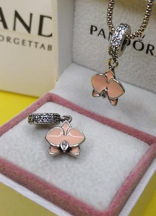 Шарм подвеска стерлинговое серебро 925 проба цирконий эмаль цветок орхидея персиковая розовая камни камешки кулон кна цепочку пандора3 фото