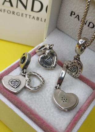 Шарм подвеска стерлинговое серебро 925 проба цирконий двойное сердце раскрывается логотип бренда камни медальон кулон на цепочку пандора4 фото