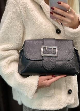 Кожаная чёрная сумочка багет с пряжкой итальянская2 фото