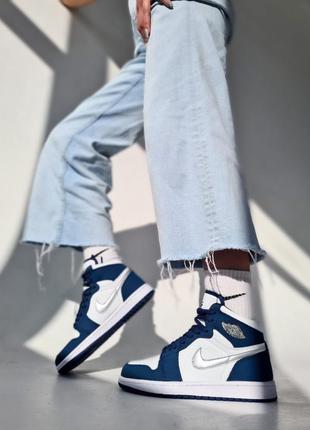 Nike air jordan blue silver high брендовые женские высокие синие серебристые кроссовки найк джордан новинка весна осень високі сині високі кросівки