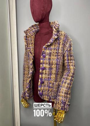 Вязаный шерстяной жакет приталенный дизайнерский в стиле chanel бежевый вери пери