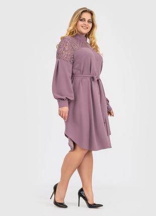 Нарядное платье-рубашка пудрового цвета с кружевом, больших размеров от 52 до 584 фото