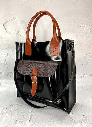 Сумка женская "гарда" натуральная кожа, черная глянец комбинированная