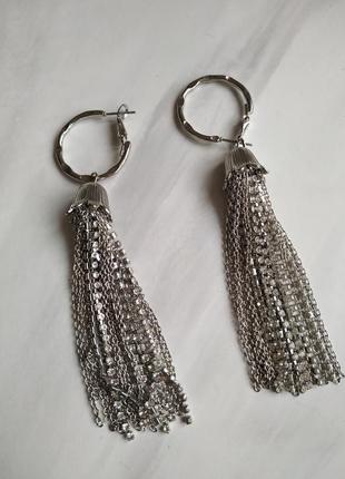 Серьги кольца серебряные серебряного цвета бижутерия с цепочками цепочки и сверкающие камни винтаж1 фото