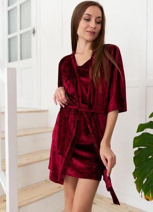 Шикарный женский велюровый комплект халат, ночная рубашка. халатик и ночнушка, пеньюар мраморный велюр5 фото
