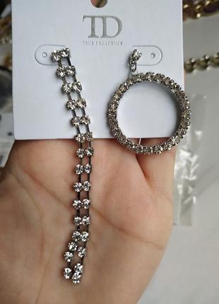 Сережки з кристалами кільце і бахрома під срібло срібного кольору вінтаж