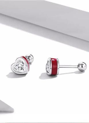 Срібні сережки закрутки "просто любов" з фіанітами і червоною емаллю