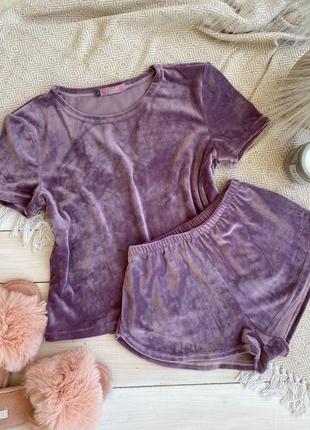 Велюровая пижама футболка и шорты плюш на хлопковой основе большой размер піжама