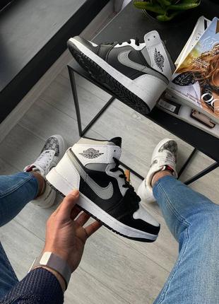 Nike air jordan high grey black white брендовые высокие серые кроссовки найк джордан весна осень жіночі високі сірі кросівки демісезон2 фото