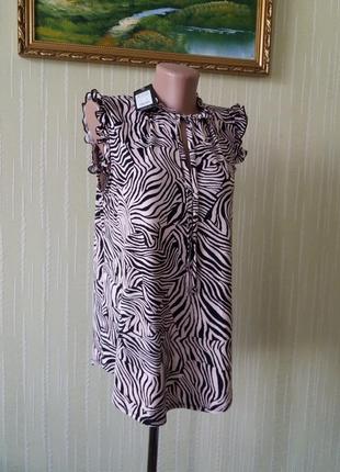 New look красивая женственная майка блуза  с рюшами принт зебра цвет бежевый/черный3 фото